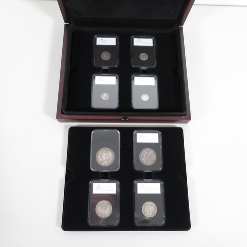 420 - 8x Victorian Silver Coin collection in executive wooden box all slabbed