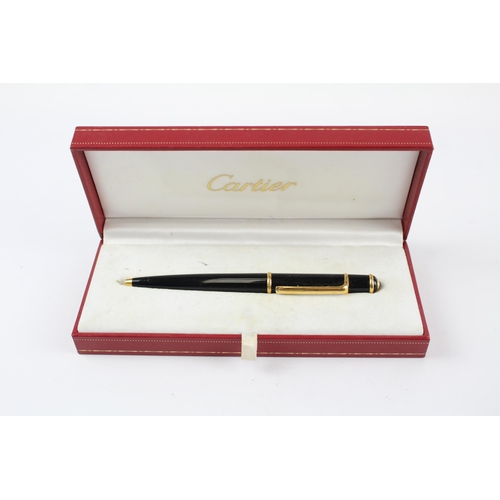 459 - CARTIER Black Lacquer Ballpoint Pen / Biro w/ Gold Plate Banding In Original Box