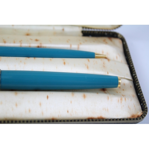 484 - Vintage PARKER 61 Teal Fountain Pen w/ Gold Plate Nib, Pencil, Original Box Etc