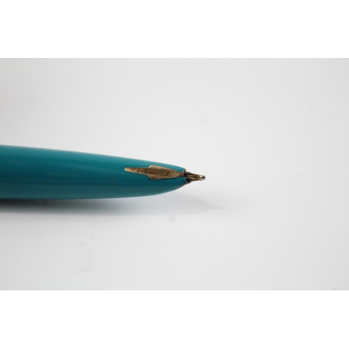 484 - Vintage PARKER 61 Teal Fountain Pen w/ Gold Plate Nib, Pencil, Original Box Etc