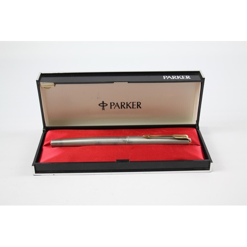 488 - Vintage PARKER 61 Brushed Steel Fountain Pen w/ 14ct Gold Nib WRITING Boxed