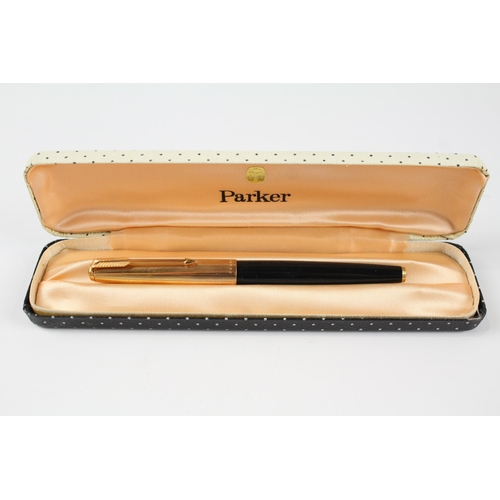 492 - Chalk Marked Vintage PARKER 61 Black Fountain Pen w/ 14ct Gold Nib Writing Box