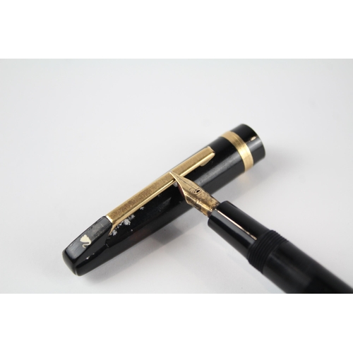 500 - Swan Fountain Pen Vintage Black Casing Writing 14ct Gold Nib Gold Plate Banding