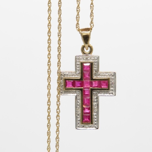 132 - 9ct gold synthetic ruby & diamond cross pendant & chain (3g)