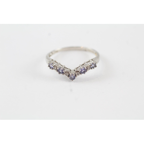 127 - 9ct gold tanzanite & diamond wishbone half eternity ring (1.7g) Size  R