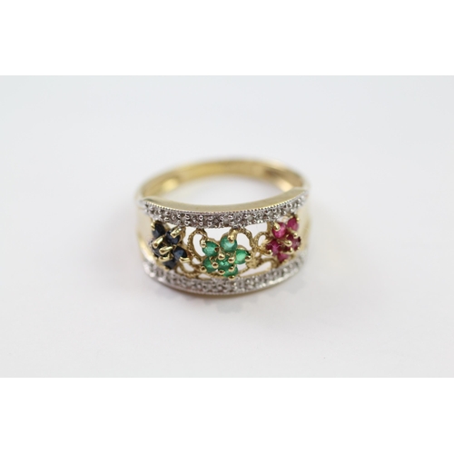 147 - 9ct gold diamond, ruby ,emerald & sapphire dress ring (3.6g) Size  T