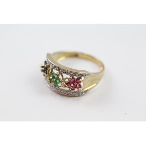 147 - 9ct gold diamond, ruby ,emerald & sapphire dress ring (3.6g) Size  T