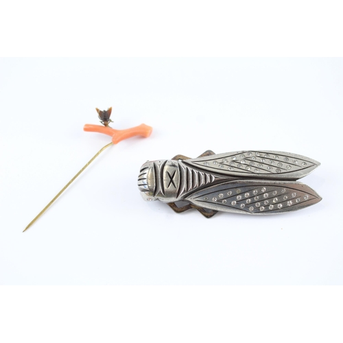 157 - Art Deco Cicada brooch & Victorian bug stick pin