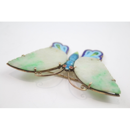 168 - Silver Chinese export enamel and Jade butterfly brooch