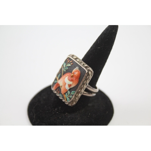 187 - Silver ring with enamel bird design