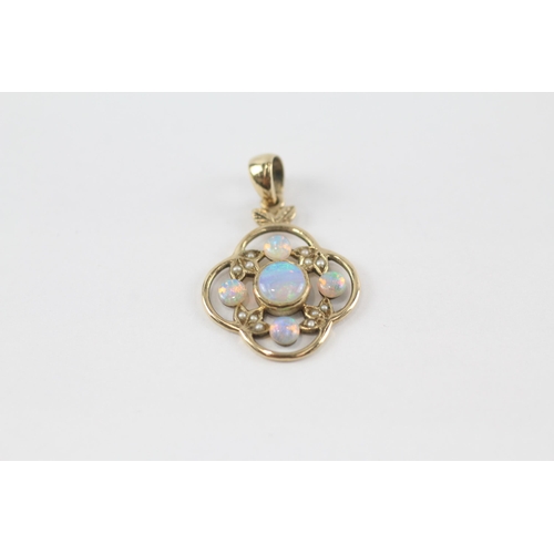 63 - 2 x 9ct gold antique floral openwork pendants set with white opal, sapphire & seed pearl (2.5g)