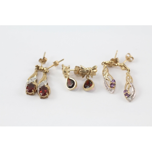 68 - 3 x 9ct gold gemstone drop earrings set with diamond, garnet & amethyst (4g)