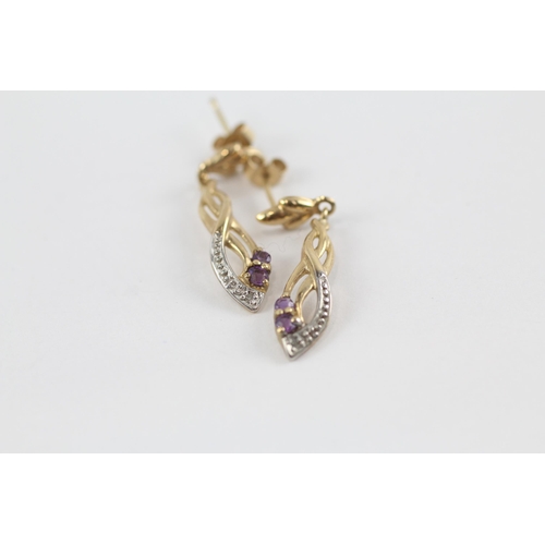 68 - 3 x 9ct gold gemstone drop earrings set with diamond, garnet & amethyst (4g)