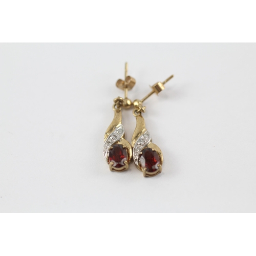 68 - 3 x 9ct gold gemstone drop earrings set with diamond, garnet & amethyst (4g)