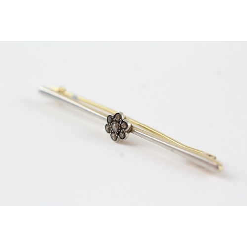 70 - 15ct gold & platinum old cut diamond floral cluster bar brooch (3.5g)