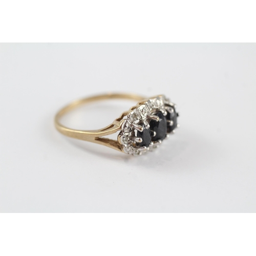 80 - 9ct gold sapphire three stone ring with diamond frame (2.4g) Size  P