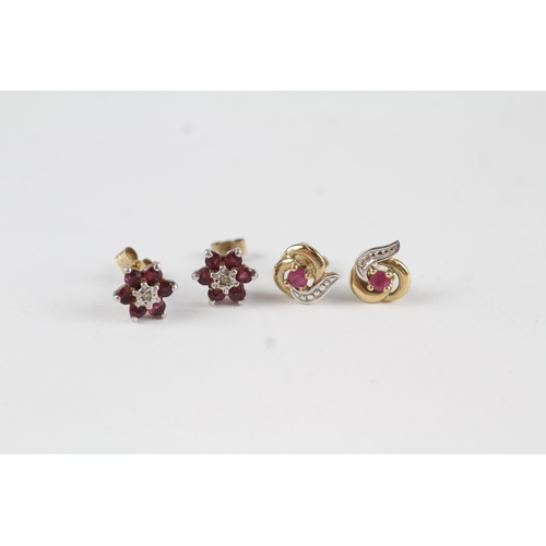 95 - 2 x 9ct gold diamond & ruby stud earrings (1.8g)