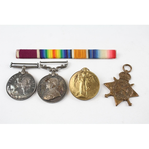 237 - WW.I 1914-15 Mons Star Trio & Long Service Medal w/ Ribbon Bar. Trio Named.