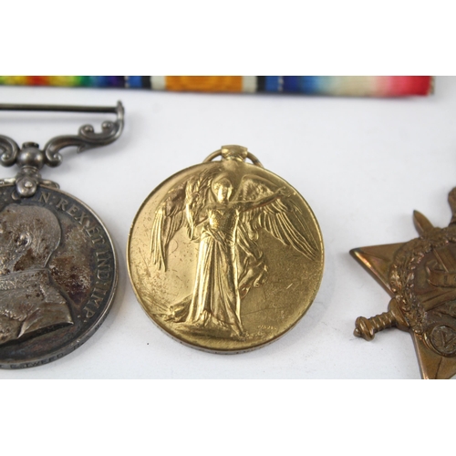 237 - WW.I 1914-15 Mons Star Trio & Long Service Medal w/ Ribbon Bar. Trio Named.