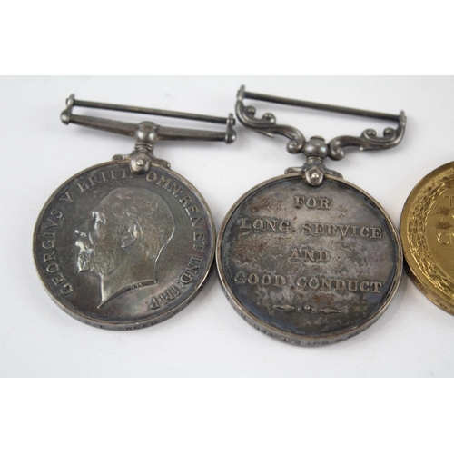 237 - WW.I 1914-15 Mons Star Trio & Long Service Medal w/ Ribbon Bar. Trio Named.