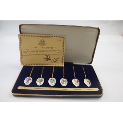 261 - 6 x Vintage Birmingham Mint .925 Sterling Silver Guilloche Enamel Teaspoons 75g