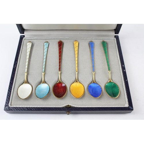 269 - 6 x Vintage .925 Norway Sterling Silver Guilloche Enamel Spoons Cased (53g)