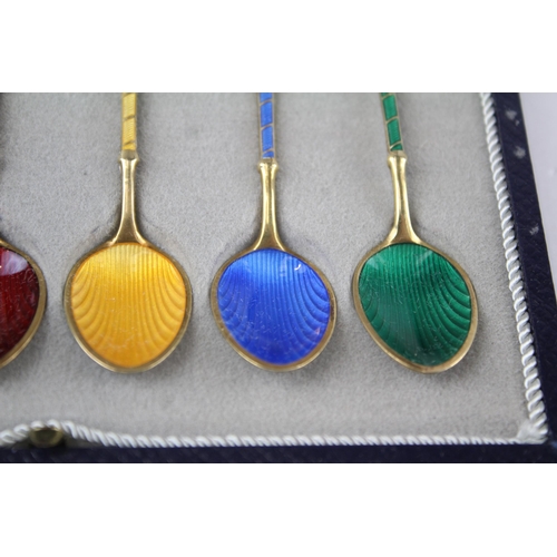 269 - 6 x Vintage .925 Norway Sterling Silver Guilloche Enamel Spoons Cased (53g)