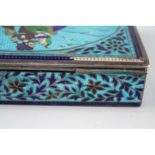 288 - Vintage .925 Sterling Silver & Blue Cloisonne Enamel Cigarette Trinket Box 381g