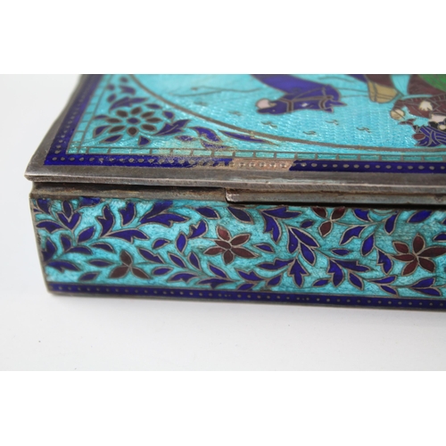 288 - Vintage .925 Sterling Silver & Blue Cloisonne Enamel Cigarette Trinket Box 381g