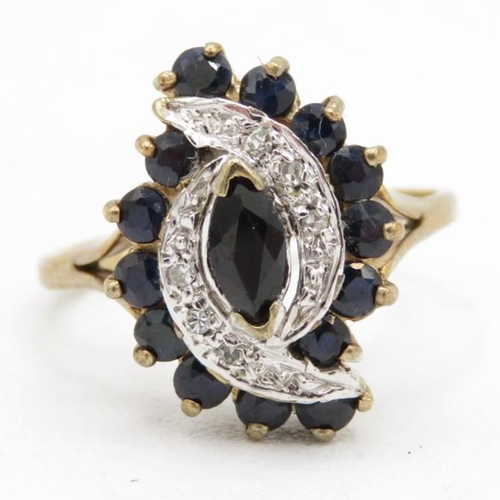 102 - 9ct gold diamond & sapphire cluster ring (3.1g) Size  L