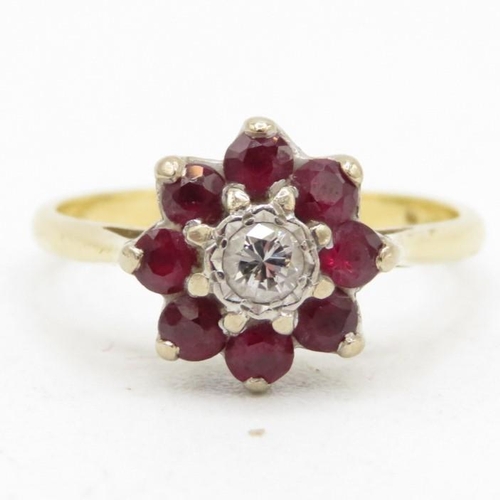 116 - 18ct gold vintage ruby& diamond cluster ring (2.7g) Size  K 1/2