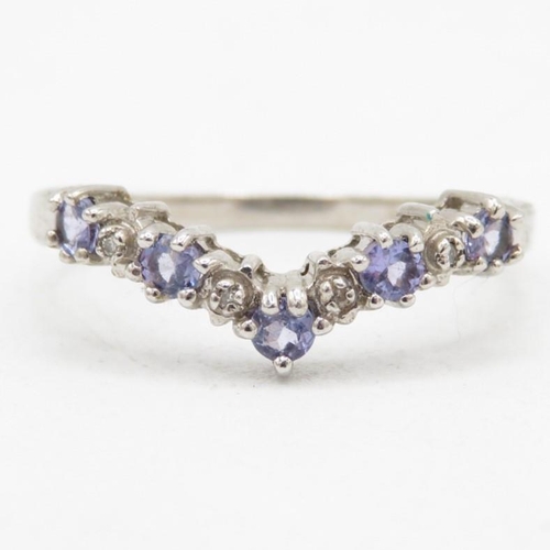 127 - 9ct gold tanzanite & diamond wishbone half eternity ring (1.7g) Size  R