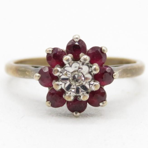 138 - 9ct gold vintage ruby& diamond cluster ring (2.2g) Size  L