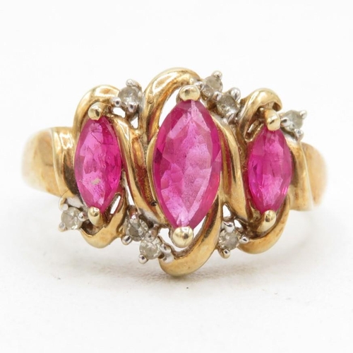 88 - 9ct gold diamond & ruby dress ring (3.5g) Size  P 1/2