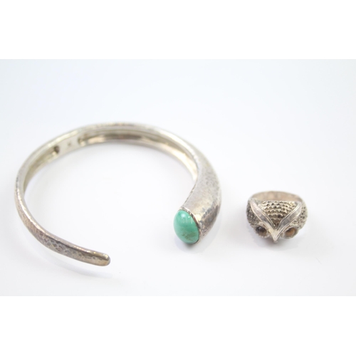 178 - Silver bangle and owl ring set with gemstone including Malachite