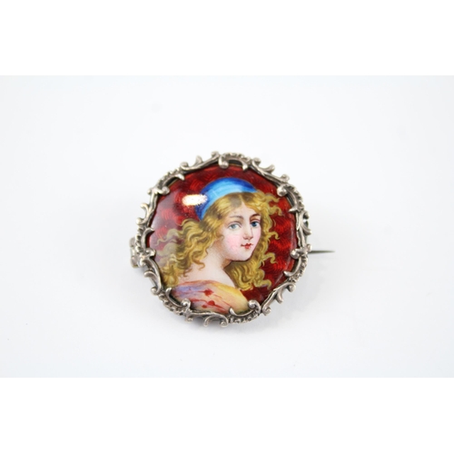 185 - Silver hand painted enamel brooch