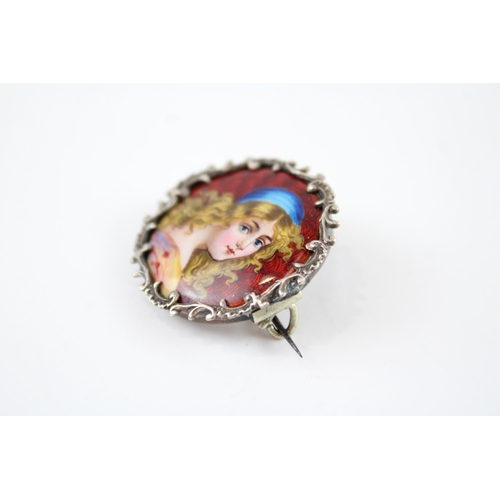 185 - Silver hand painted enamel brooch