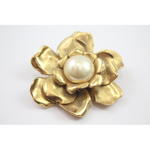 190 - Gold tone flower brooch by designer YSL