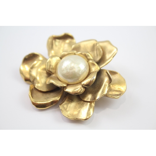 190 - Gold tone flower brooch by designer YSL