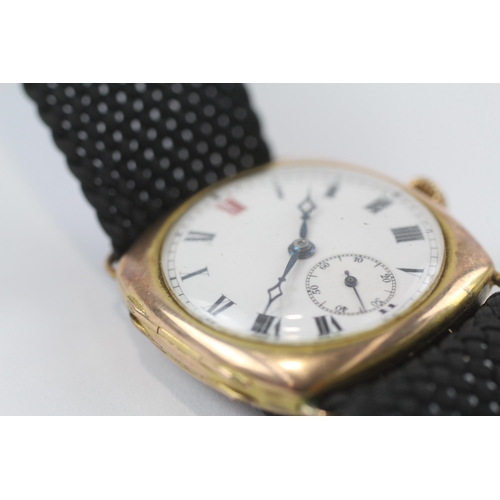 392 - 9ct Gold Cased Gents Vintage Trench Style WRISTWATCH Hand-wind WORKING