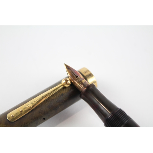 438 - Vintage WATERMAN Ideal Brown Fountain Pen w/ 14ct Nib, 9ct Gold Banding Etc 13g