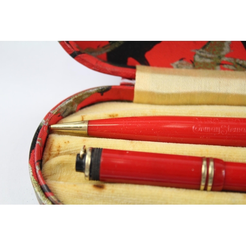 439 - Vintage CONWAY STEWART Dinkie 526 Red Fountain Pen w/ Pencil, Original Box Etc