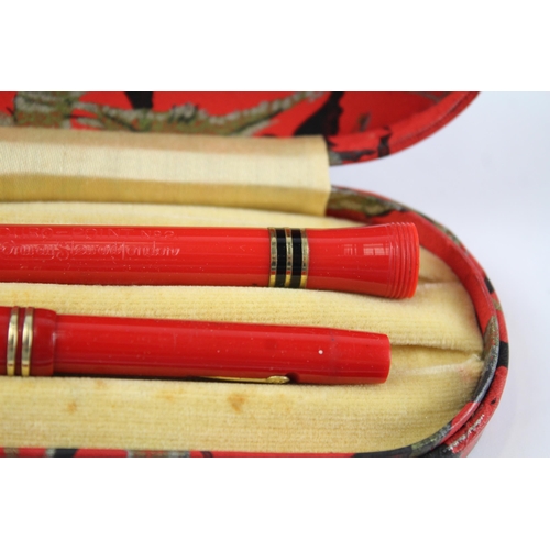 439 - Vintage CONWAY STEWART Dinkie 526 Red Fountain Pen w/ Pencil, Original Box Etc