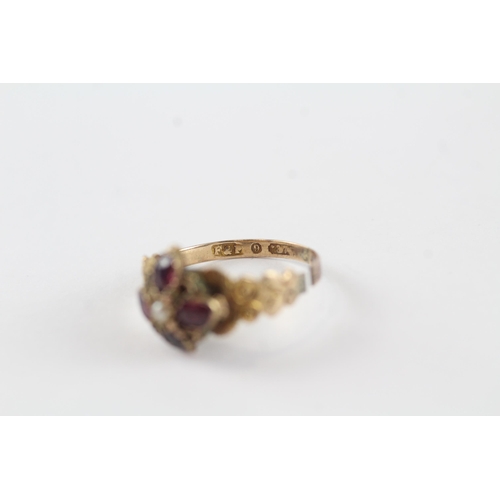 106 - 9ct gold antique garnet & pearl ring (1.7g) Size  N