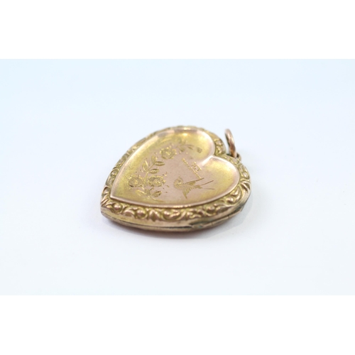 118 - 9ct gold back & front vintage foliate patterned heart locket (3.7g)