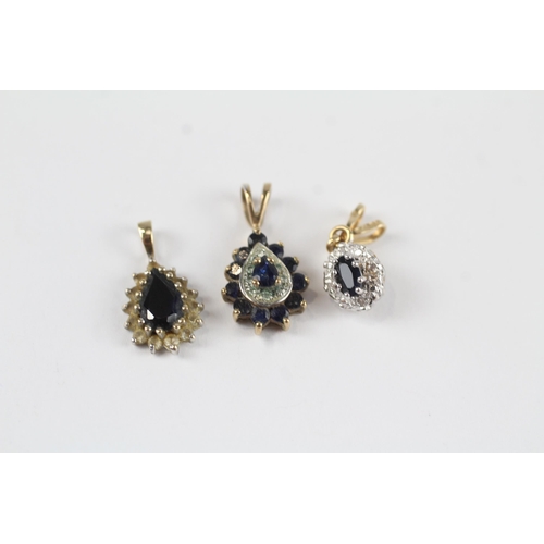 122 - 3x 9ct gold sapphire & diamond pendants (2.9g)