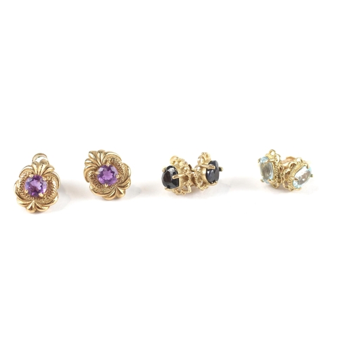 126 - 3x 9ct gold amethyst, aquamarine, sapphire stud earrings (4.1g)