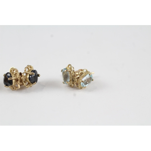 126 - 3x 9ct gold amethyst, aquamarine, sapphire stud earrings (4.1g)