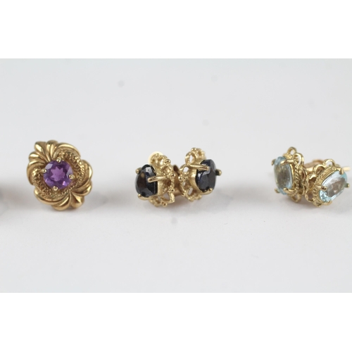 126 - 3x 9ct gold amethyst, aquamarine, sapphire stud earrings (4.1g)