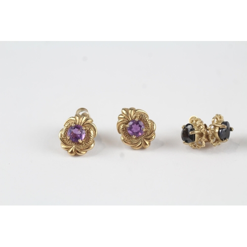 126 - 3x 9ct gold amethyst, aquamarine, sapphire stud earrings (4.1g)